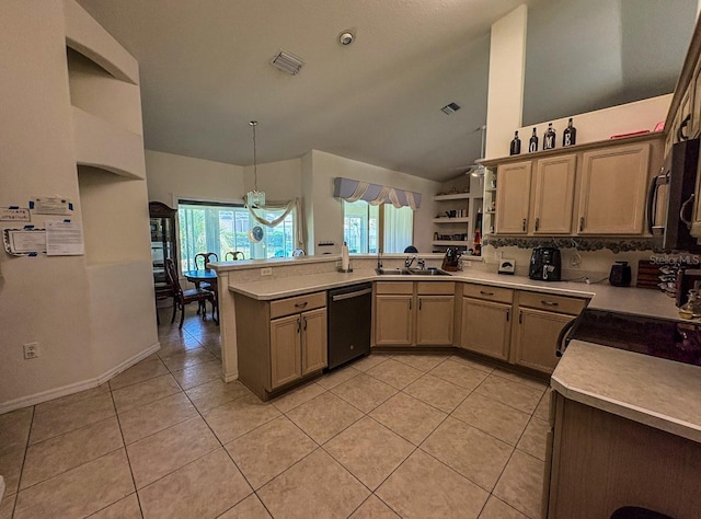 8671 SW 57th Court Rd, Ocala, FL 34476 - kitchen with dishwasher, a peninsula, light tile patterned floors, lofted ceiling, and open shelves