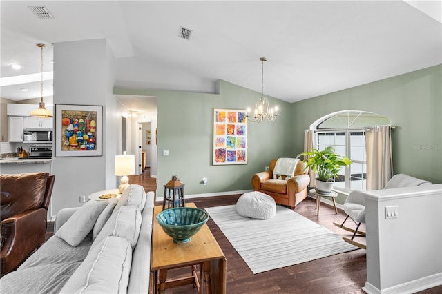 1882 E Monopoly Loop, Inverness, FL 34453 - living area featuring vaulted ceiling, dark wood-style flooring, and a chandelier