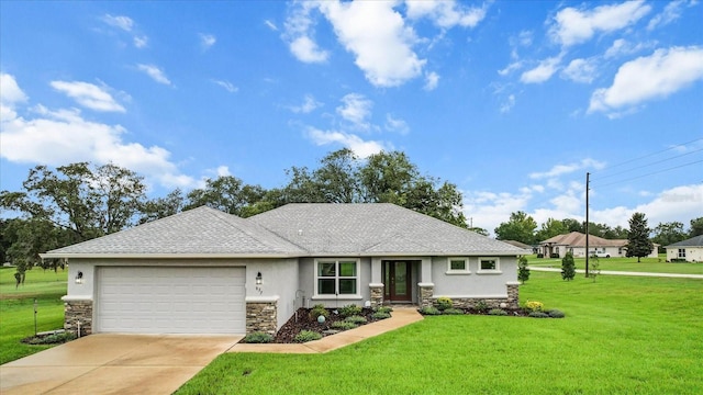 837 E Epsom Ct, Hernando, FL 34442 - view of front of property with stone siding, stucco siding, a garage, and a front yard