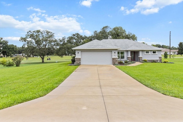 837 E Epsom Ct, Hernando, FL 34442 - view of front of property featuring stone siding, stucco siding, a front lawn, a garage, and concrete driveway