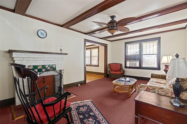 11 62nd St, Yankeetown, FL 34498 - living room with carpet, a ceiling fan, beam ceiling, a brick fireplace, and cooling unit