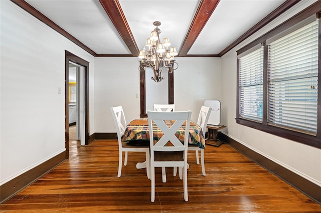 11 62nd St, Yankeetown, FL 34498 - dining room featuring a chandelier, wood finished floors, beam ceiling, and crown molding