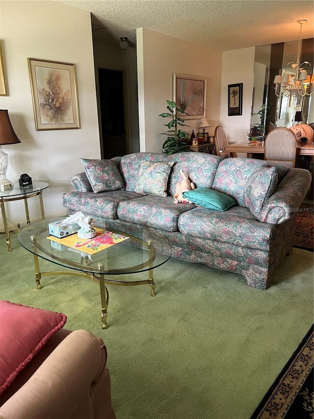 8552 SW 92nd Ln Unit C, Ocala, FL 34481 - living room with a chandelier, carpet, and a textured ceiling