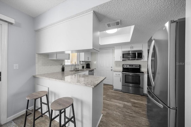 10492 SE 178th St, Summerfield, FL 34491 - kitchen featuring stainless steel appliances, a textured ceiling, a peninsula, decorative backsplash, and dark wood-type flooring