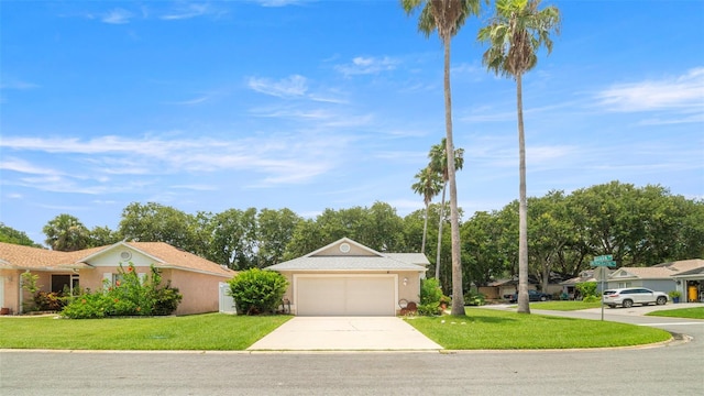 705 Guava Dr, Saint Augustine, FL 32095 - ranch-style house with concrete driveway, a front lawn, an attached garage, and stucco siding