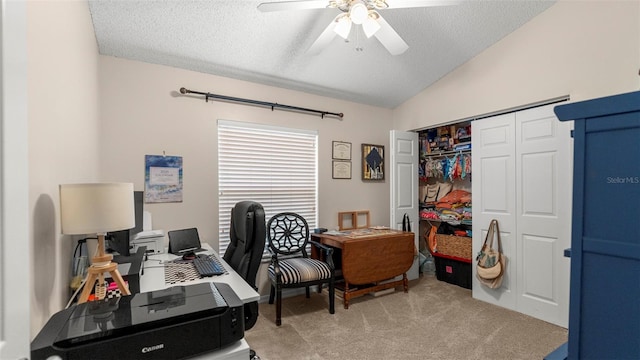 705 Guava Dr, Saint Augustine, FL 32095 - home office with a ceiling fan, a textured ceiling, light carpet, and lofted ceiling