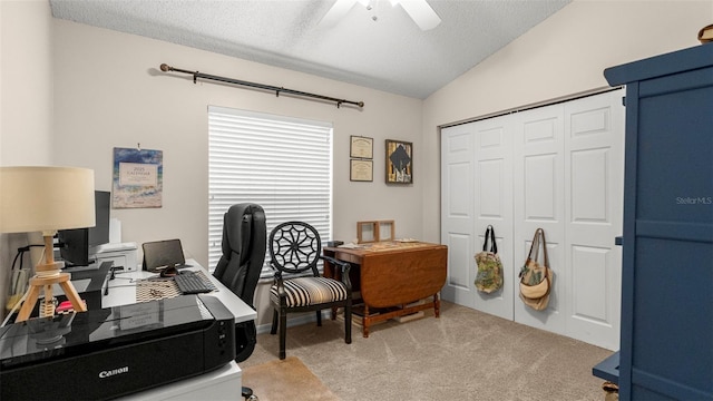 705 Guava Dr, Saint Augustine, FL 32095 - home office with vaulted ceiling, carpet floors, ceiling fan, and a textured ceiling