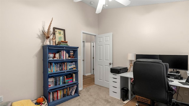 705 Guava Dr, Saint Augustine, FL 32095 - office space featuring a ceiling fan, light carpet, and high vaulted ceiling