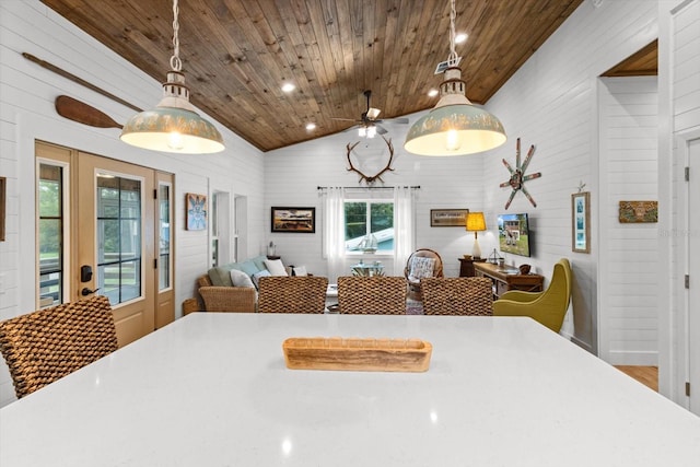 5328 Riverside Dr, Yankeetown, FL 34498 - dining room with wooden ceiling, lofted ceiling, recessed lighting, and ceiling fan