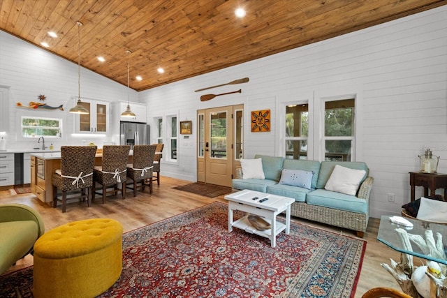 5328 Riverside Dr, Yankeetown, FL 34498 - living area with light wood-style floors, wood ceiling, vaulted ceiling, and recessed lighting
