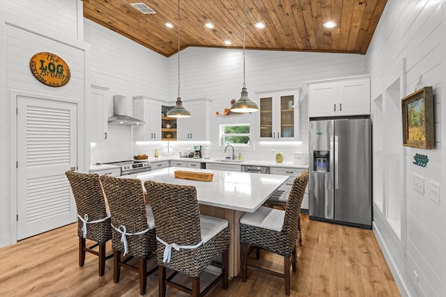 5328 Riverside Dr, Yankeetown, FL 34498 - kitchen featuring stainless steel appliances, wooden ceiling, wall chimney exhaust hood, white cabinetry, and a kitchen bar