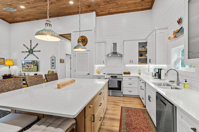 5328 Riverside Dr, Yankeetown, FL 34498 - kitchen featuring stainless steel appliances, wall chimney exhaust hood, light wood finished floors, wood ceiling, and a breakfast bar