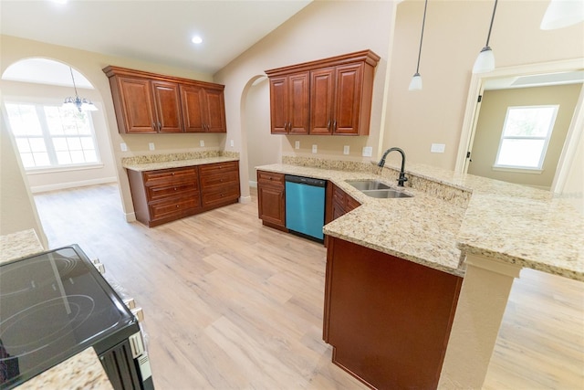 45 Pecan Course Loop, Ocala, FL 34472 - kitchen with black range with electric stovetop, dishwashing machine, arched walkways, lofted ceiling, and light wood-type flooring