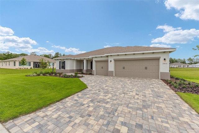 10833 SW 101st Loop, Ocala, FL 34481 - ranch-style house featuring stucco siding, decorative driveway, a garage, and a front yard