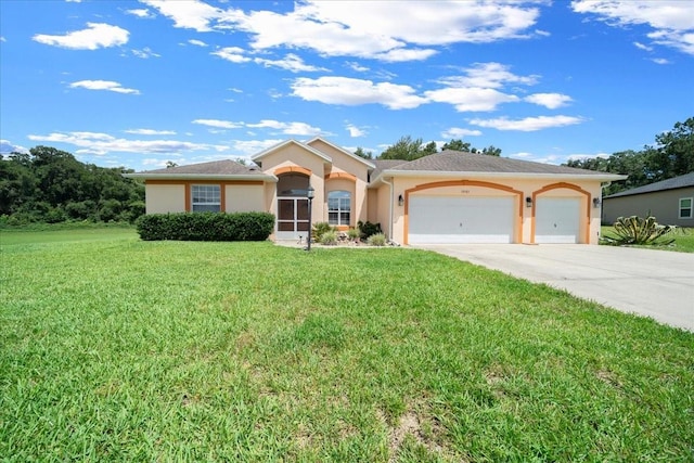 19583 SW 77th Loop, Dunnellon, FL 34432 - ranch-style house with stucco siding, a garage, a front yard, and driveway