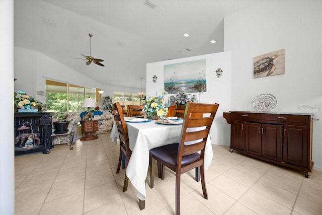 19583 SW 77th Loop, Dunnellon, FL 34432 - dining room featuring ceiling fan, light tile patterned floors, recessed lighting, and lofted ceiling