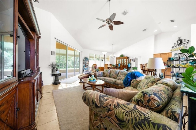 19583 SW 77th Loop, Dunnellon, FL 34432 - living area with a ceiling fan, high vaulted ceiling, light tile patterned floors, and recessed lighting