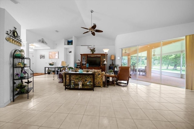 19583 SW 77th Loop, Dunnellon, FL 34432 - living room featuring a ceiling fan, light tile patterned flooring, high vaulted ceiling, and ornate columns