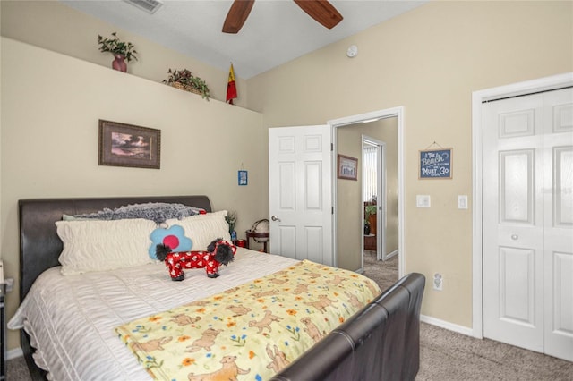 2587 W Angola Dr, Beverly Hills, FL 34465 - carpeted bedroom featuring a closet, ceiling fan, and lofted ceiling