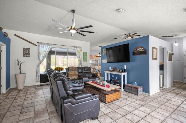 2685 W Apricot Dr, Beverly Hills, FL 34465 - living room featuring a ceiling fan, lofted ceiling, and a textured ceiling