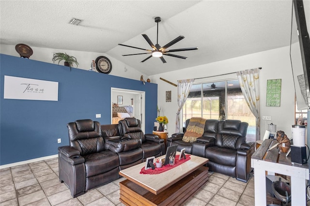 2685 W Apricot Dr, Beverly Hills, FL 34465 - living room with ceiling fan, vaulted ceiling, and a textured ceiling