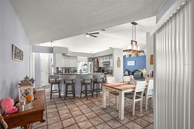 2685 W Apricot Dr, Beverly Hills, FL 34465 - dining room with light stone finish flooring, vaulted ceiling, ceiling fan, and a textured ceiling