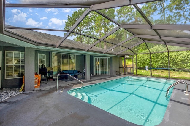 2685 W Apricot Dr, Beverly Hills, FL 34465 - outdoor pool featuring a patio, a grill, and glass enclosure