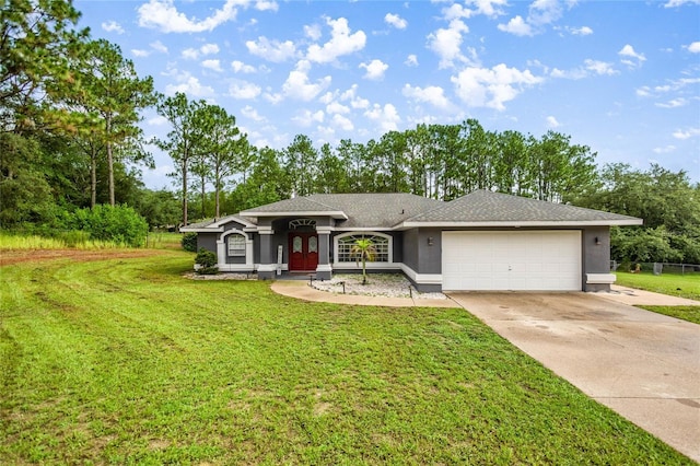 2685 W Apricot Dr, Beverly Hills, FL 34465 - view of front facade featuring stucco siding, driveway, an attached garage, and a front lawn