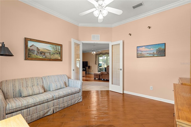 5543 NW 25th Loop, Ocala, FL 34482 - living room with ceiling fan, crown molding, french doors, and wood finished floors