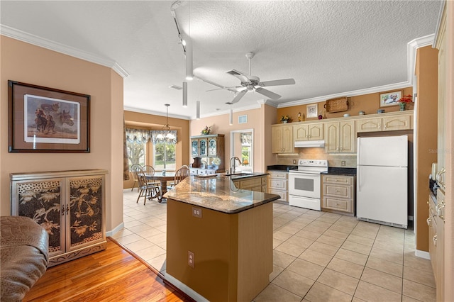 5543 NW 25th Loop, Ocala, FL 34482 - kitchen featuring white appliances, cream cabinetry, crown molding, a ceiling fan, and a spacious island