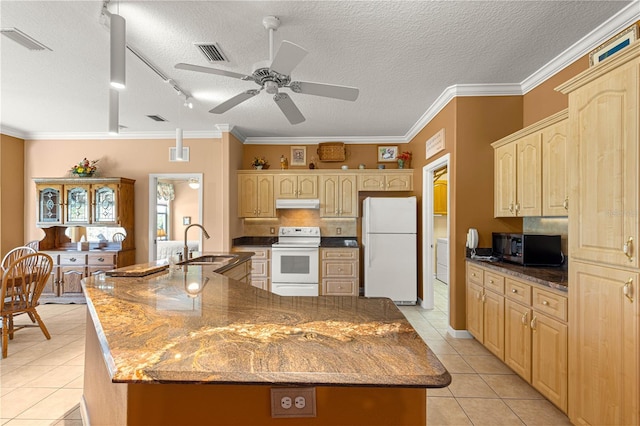 5543 NW 25th Loop, Ocala, FL 34482 - kitchen with white appliances, under cabinet range hood, light tile patterned floors, a textured ceiling, and ceiling fan