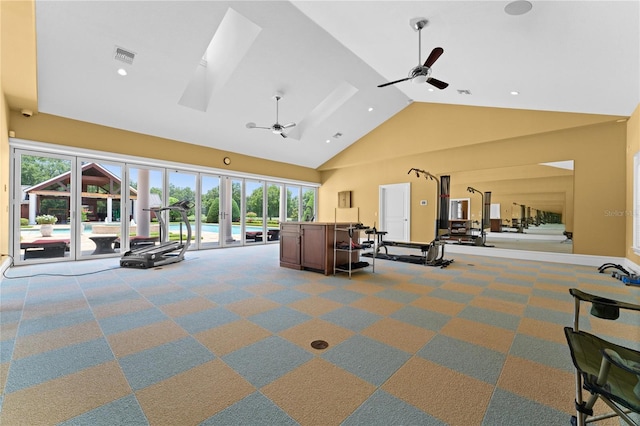 17800 SE 237th Ct, Umatilla, FL 32784 - gym with ceiling fan, high vaulted ceiling, healthy amount of natural light, carpet flooring, and recessed lighting