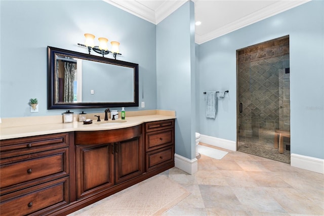 17800 SE 237th Ct, Umatilla, FL 32784 - bathroom featuring crown molding, vanity, tiled shower, and recessed lighting