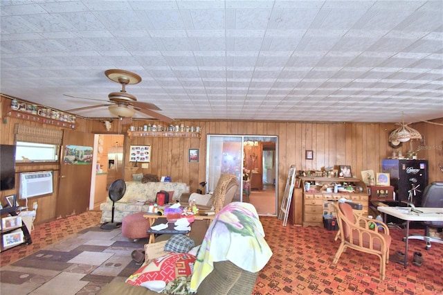 living room featuring a wall mounted air conditioner, ceiling fan, and wooden walls