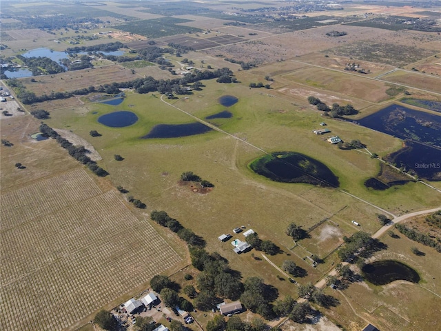 aerial view featuring a water view and a rural view