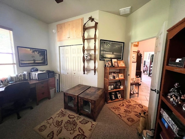 view of carpeted home office