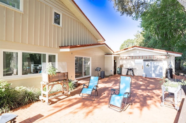 view of terrace featuring a garage