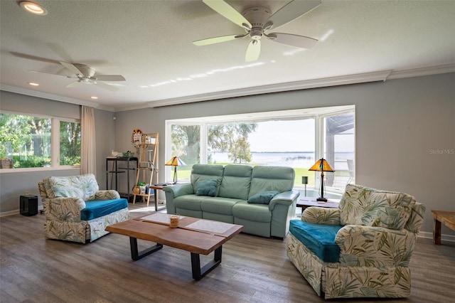 living room with dark wood-type flooring, ceiling fan, and crown molding