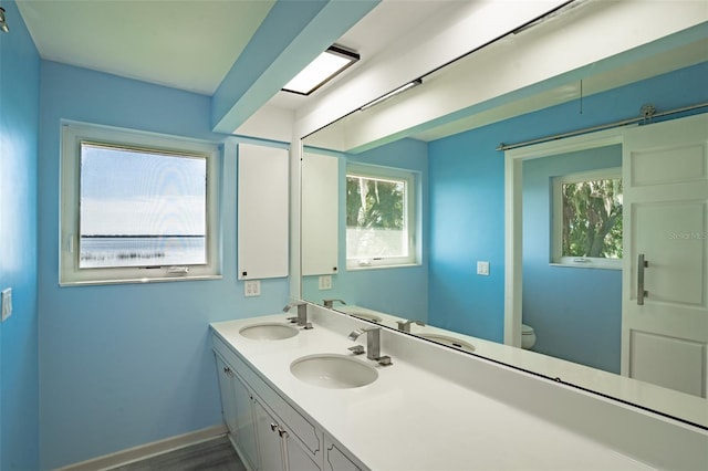 bathroom with double vanity and toilet