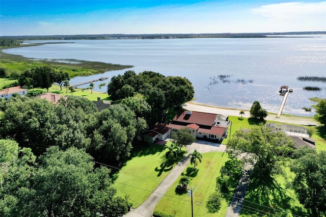 drone / aerial view with a water view