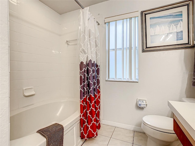 full bathroom with plenty of natural light, toilet, vanity, and shower / bathtub combination with curtain