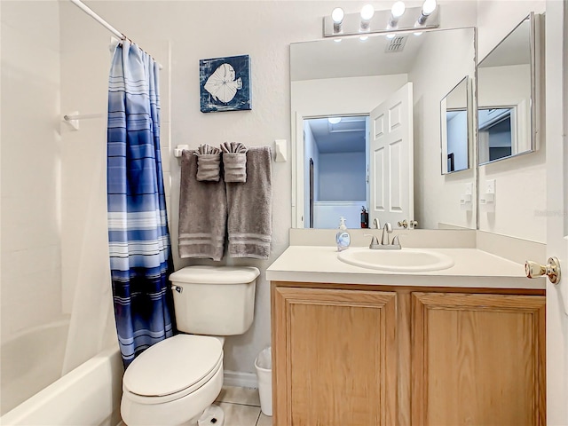 full bathroom featuring tile floors, toilet, vanity, and shower / bathtub combination with curtain