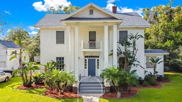 view of front of home with a balcony and a front lawn