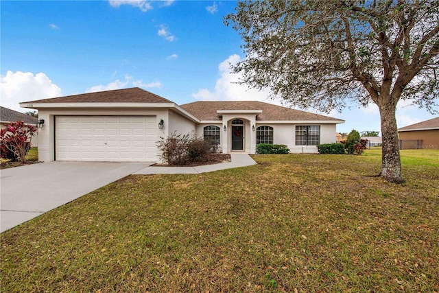 ranch-style home with a front lawn and a garage