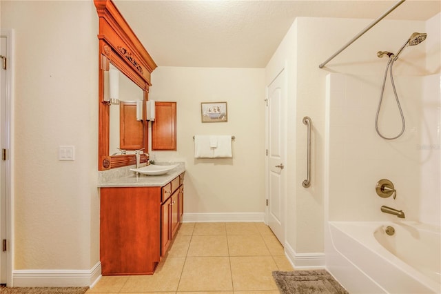 full bathroom featuring vanity, baseboards, tile patterned flooring, a textured ceiling, and bathing tub / shower combination