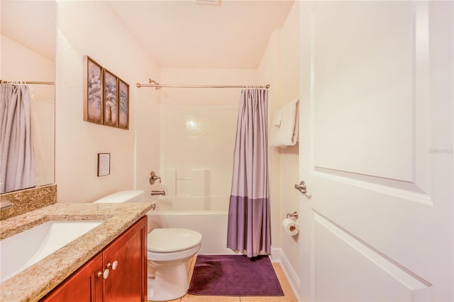 bathroom with vanity, shower / tub combo, toilet, and tile patterned flooring