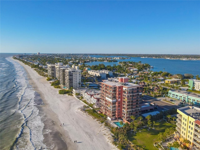 aerial view featuring a water view and a view of the beach