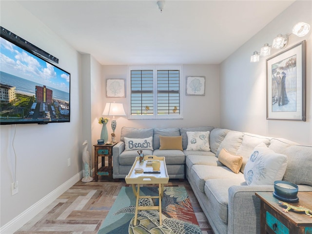 living room with parquet flooring