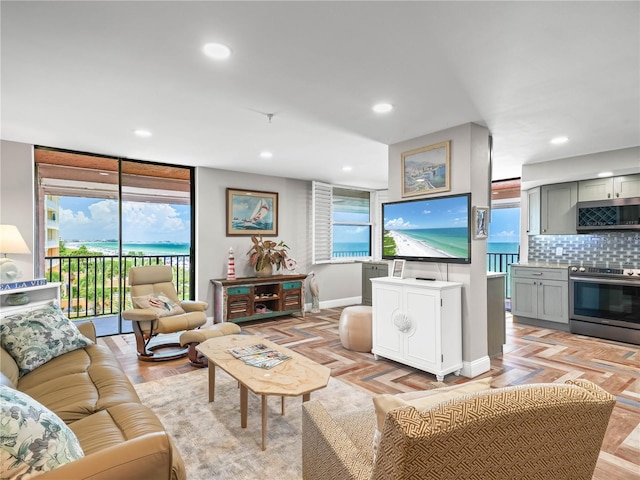 living room featuring light parquet floors