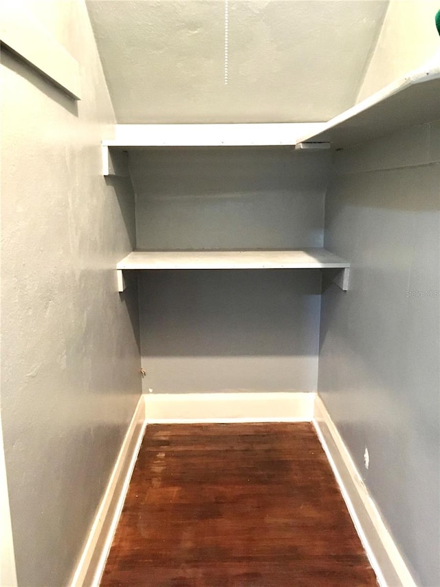 walk in closet with dark wood-type flooring